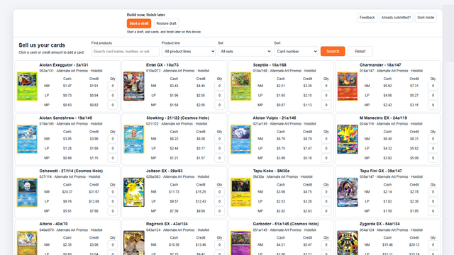 Customer buylist displaying trading cards with cash offers, credit offers and quantity fields for each condition